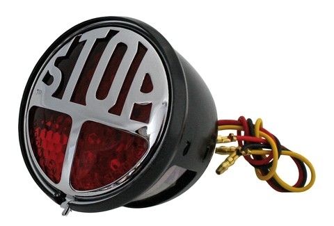 LED-Rücklicht STOP, rotes Glas, schwarz, STOP Emblem chrom